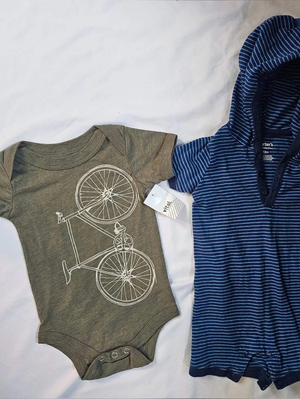Set Of 6-12 Month Unisex One Pieces- Green Bicycle Onesie NWT & Striped Romper